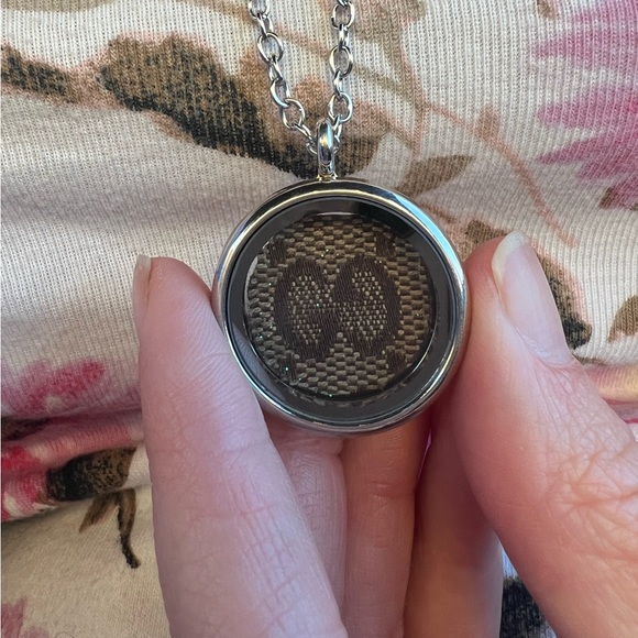 Authentic Custom Made Gucci Material Upcycled Necklace in Round Shadowbox Locket - Picture 4 of 6